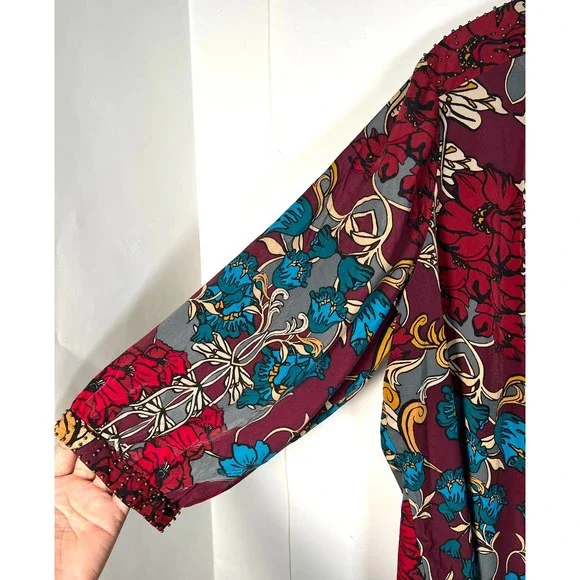 NEW! Lane Bryant Women's Floral Beaded Top 26/28 Maroon Blue 3/4 Sleeve Boho $59 - Picture 5 of 7
